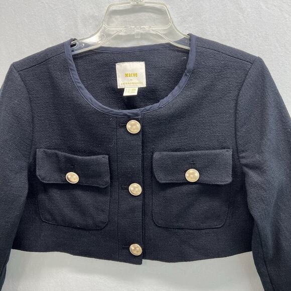 Anthropologie Maeve Tweed Jacket Crop Sz 6 Blue Gold Button Pockets - Picture 2 of 9